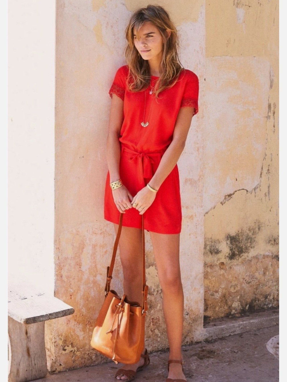 NWT Sézane Red Lace Trim Belted Romper Playsuit French Girl romantic light Sz 4